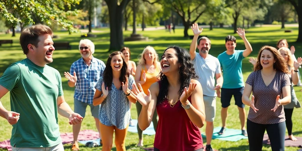 Groep mensen die lachyoga beoefenen in het park.