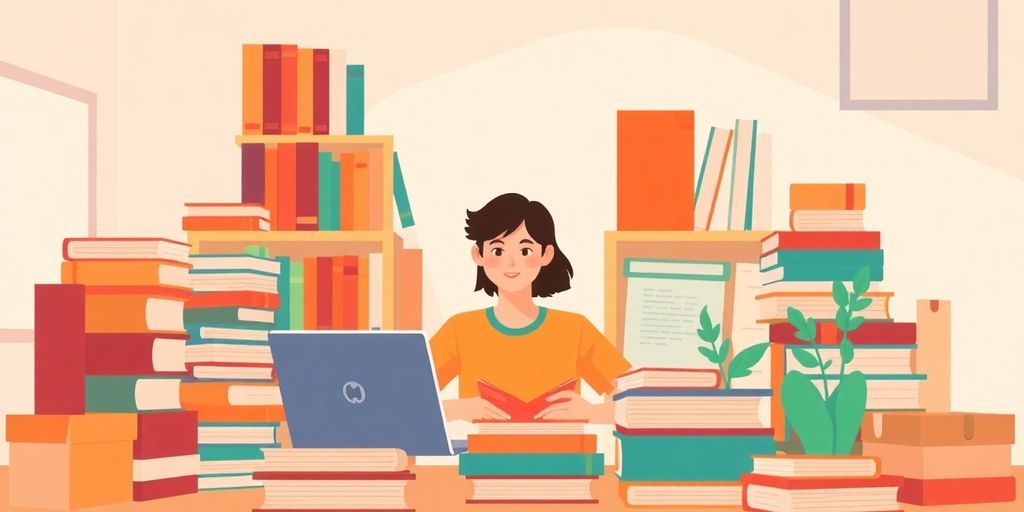 Person with books, laptop, and academic setting.