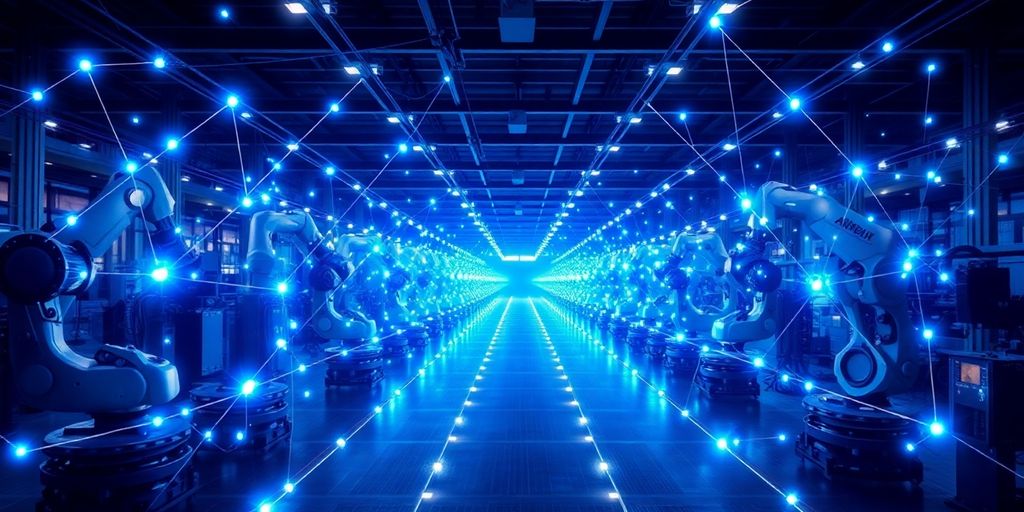 Blockchain network connecting global factory production lines.