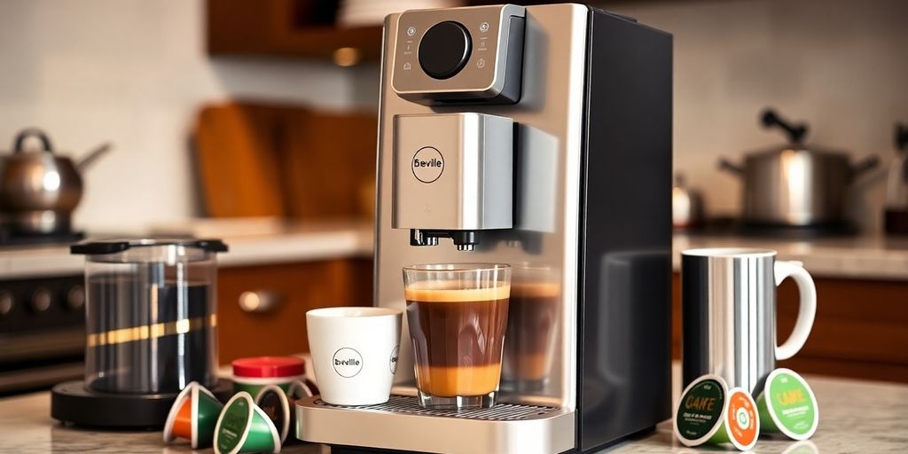 Breville Creatista machine with third-party coffee capsules on countertop.