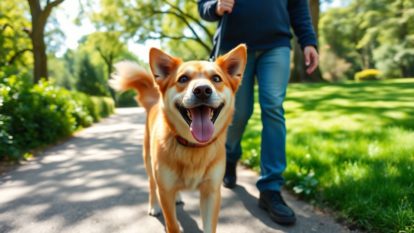 Dog walking happily with owner on Bronte park path.