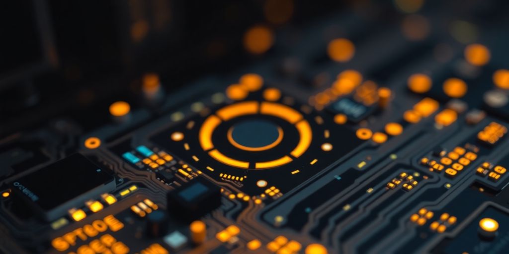 Quantum computer with glowing circuits on a dark background.