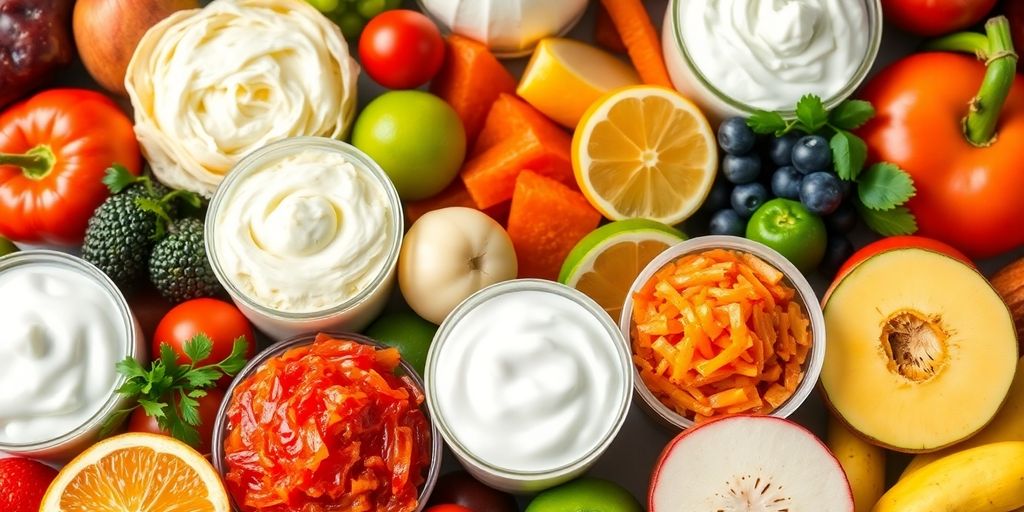 Colorful assortment of probiotic and fermented foods.
