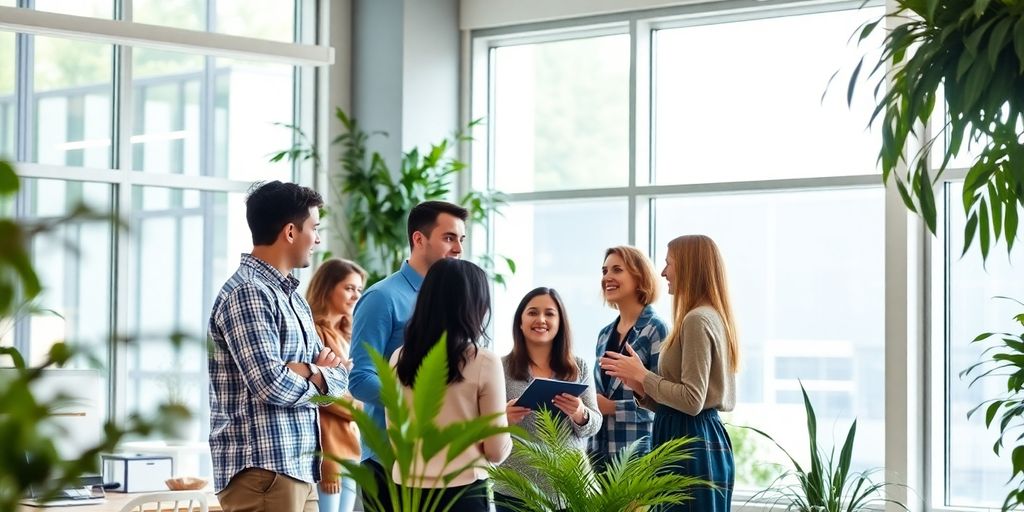 Bright office space with diverse team collaborating.