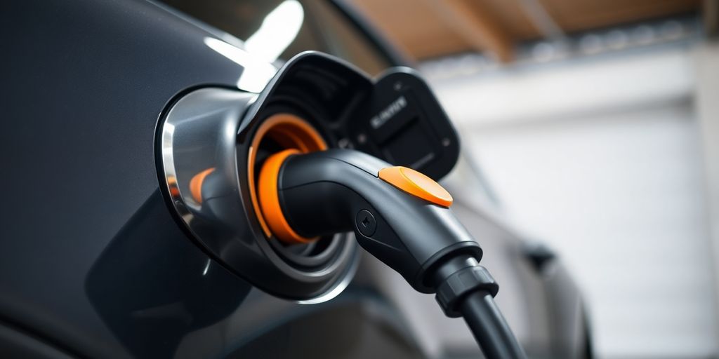 EV charging cable connected to car.