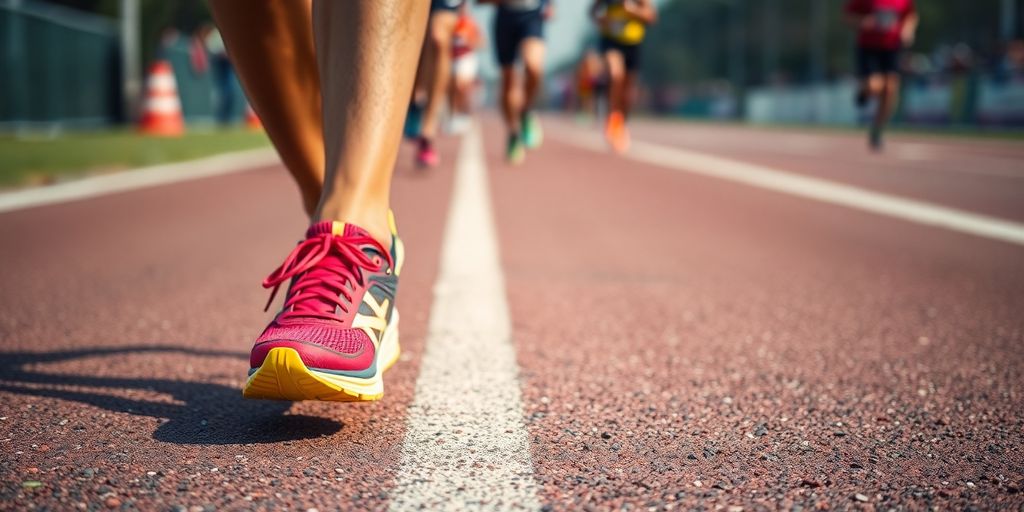Runner's feet on a marathon track, showcasing athletic shoes.