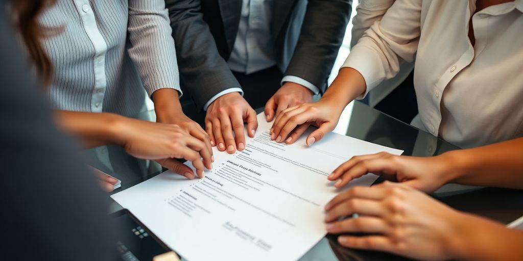 Professional hands collaborating on a resume.