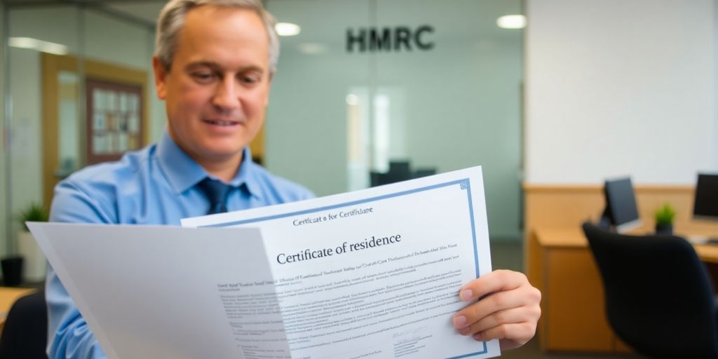 Person reviewing a certificate of residence in an office.