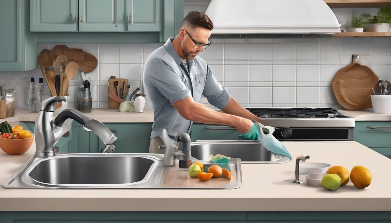 person fixing a blocked garbage disposal in a kitchen
