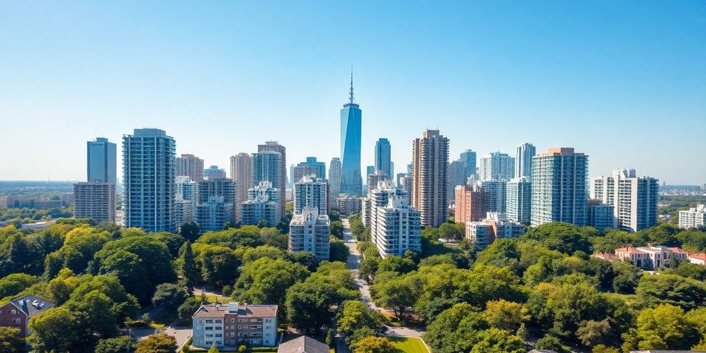 Modern city skyline with diverse real estate investment opportunities.