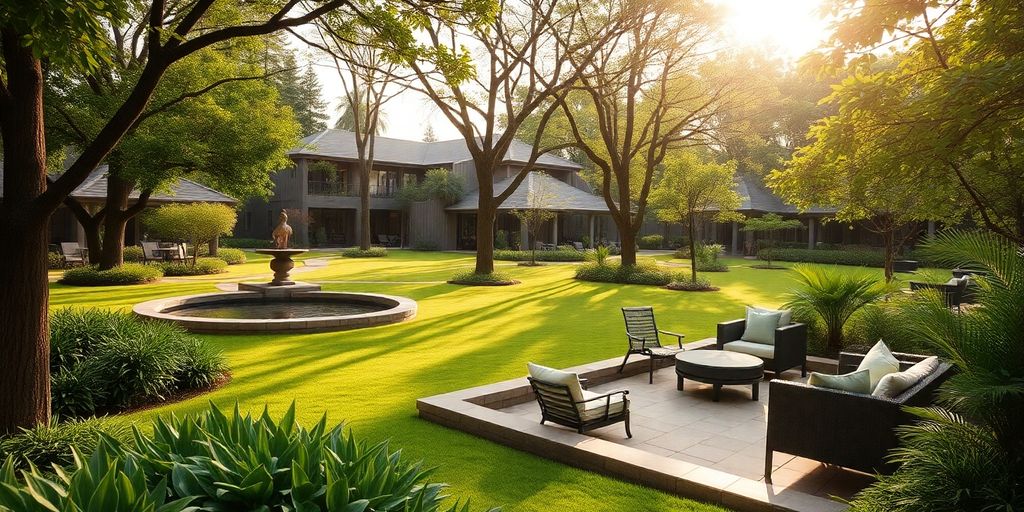 Serene landscape with greenery and tranquil water features.