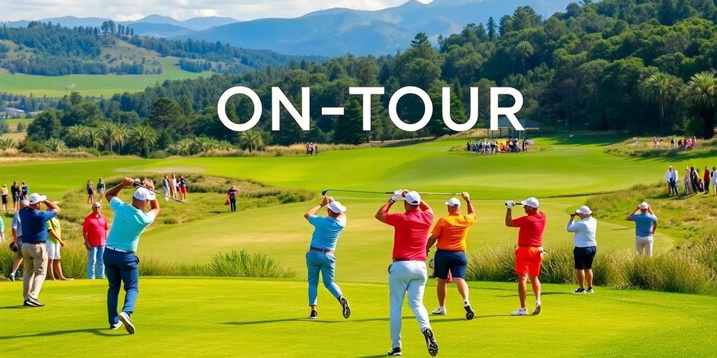 Golfers competing on a beautiful green course.