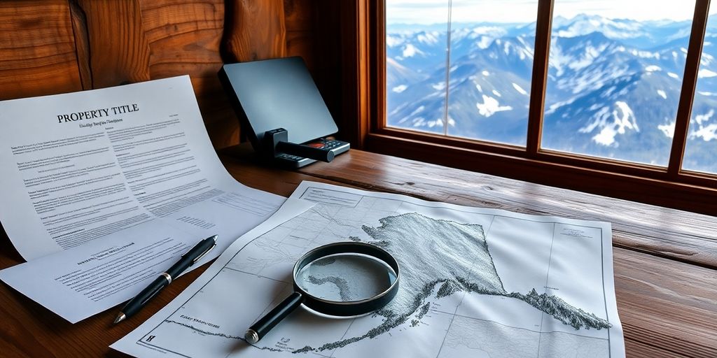 Legal documents and a map of Alaska on a desk.