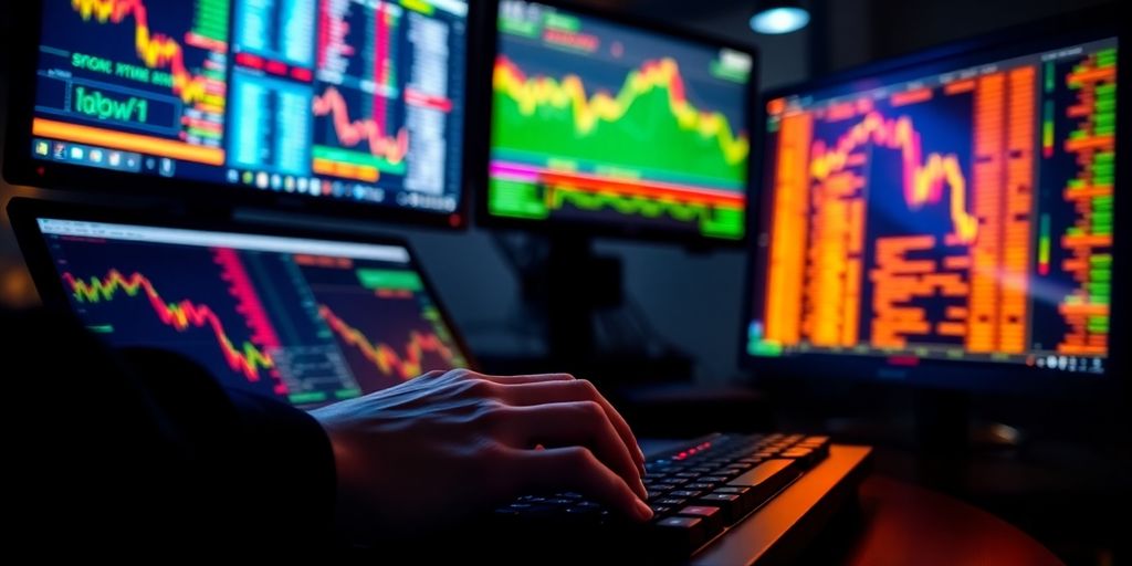 Trader's hands on keyboard, glowing screens.