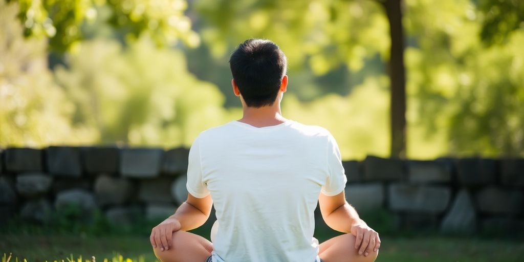 Person calmly meditating outdoors.