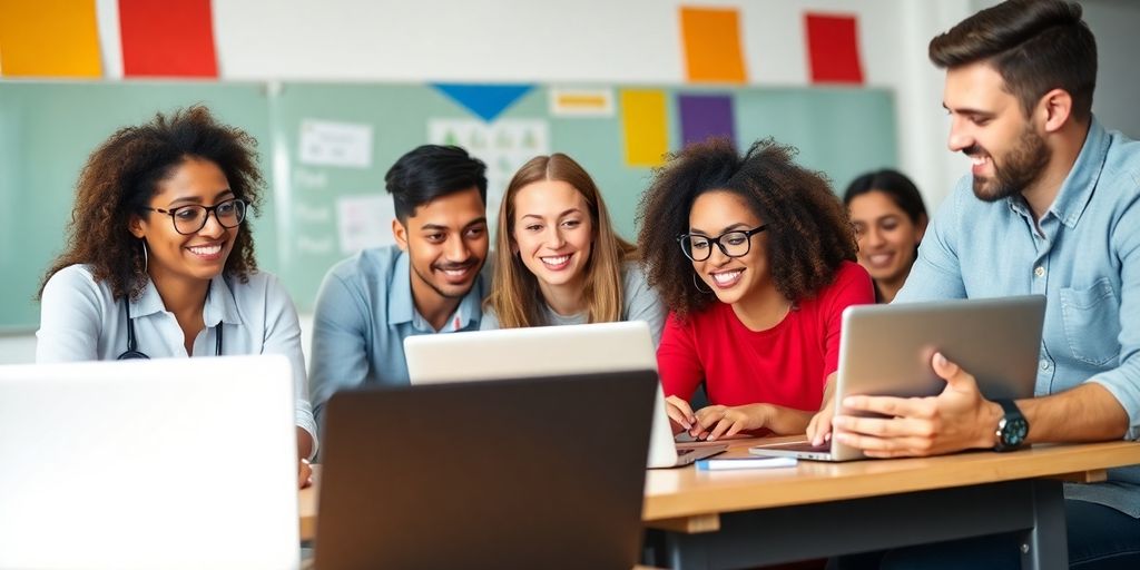 Diverse students learning digital marketing in an engaging classroom.