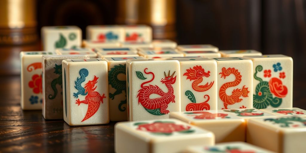 Mahjong tiles with dragon designs
