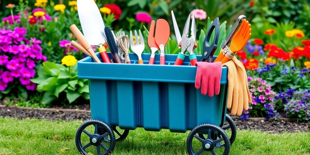 Wheeled garden tool caddy filled with gardening tools.