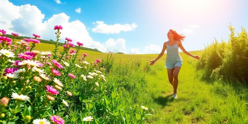 Person walking in a sunny, vibrant natural landscape.