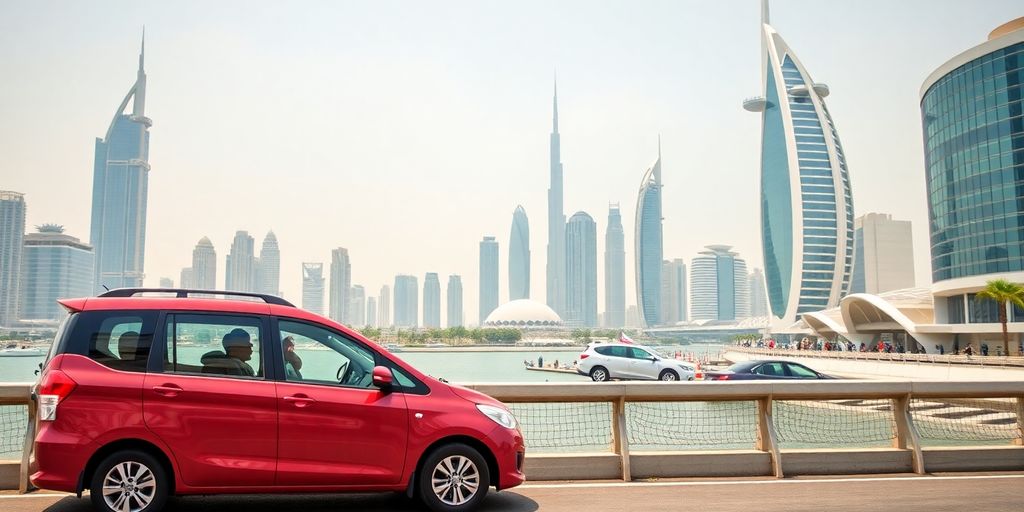 Affordable car rental options in Dubai with city skyline.