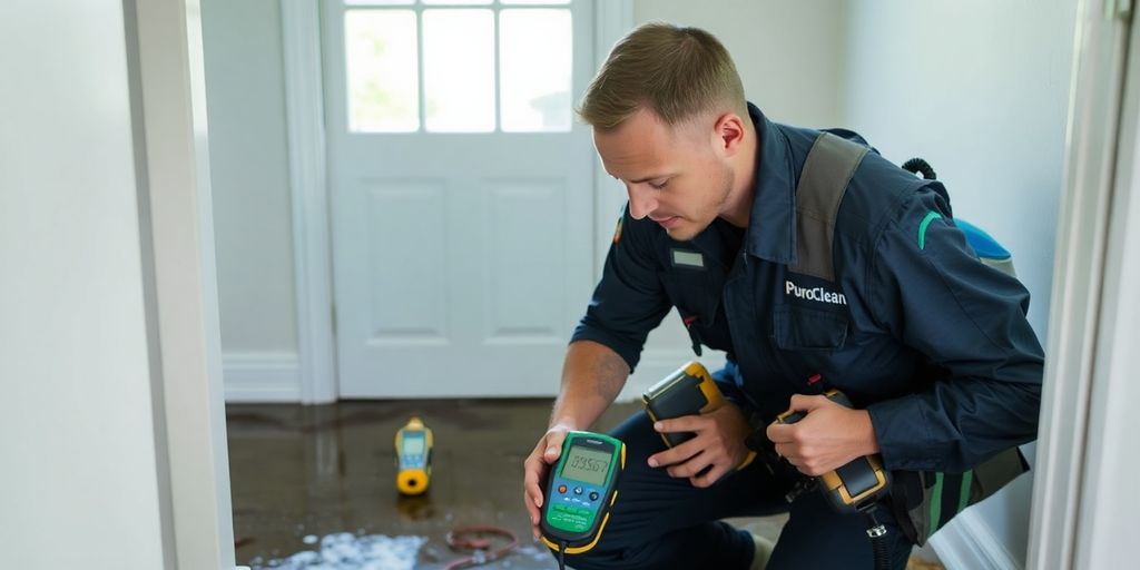PuroClean technician assessing water damage in a home.