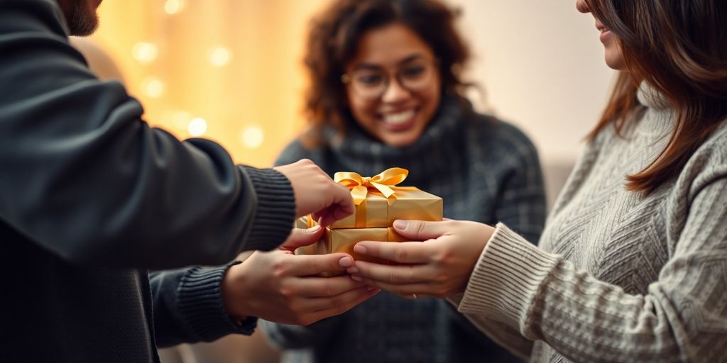 Échange de cadeaux en famille avec un objet en or.