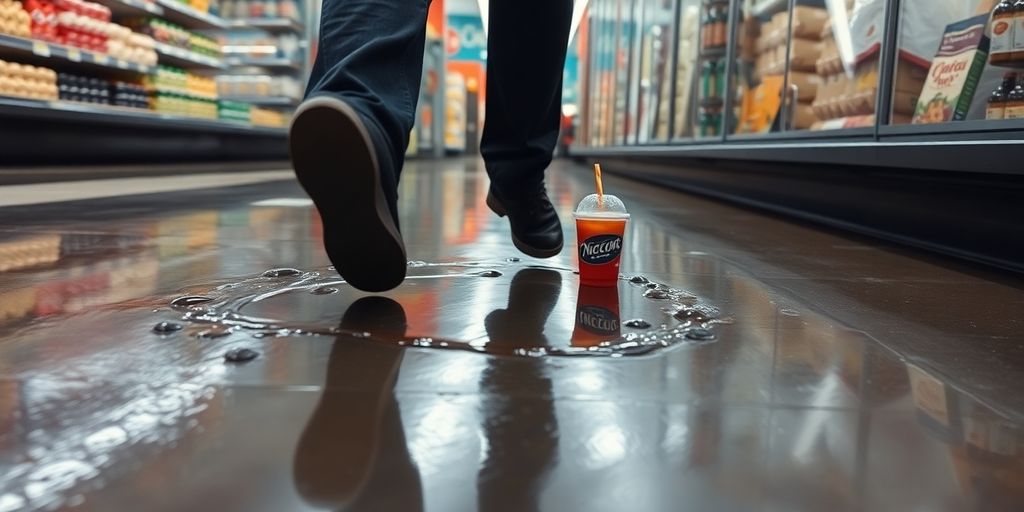 Person slipping on wet grocery store floor.