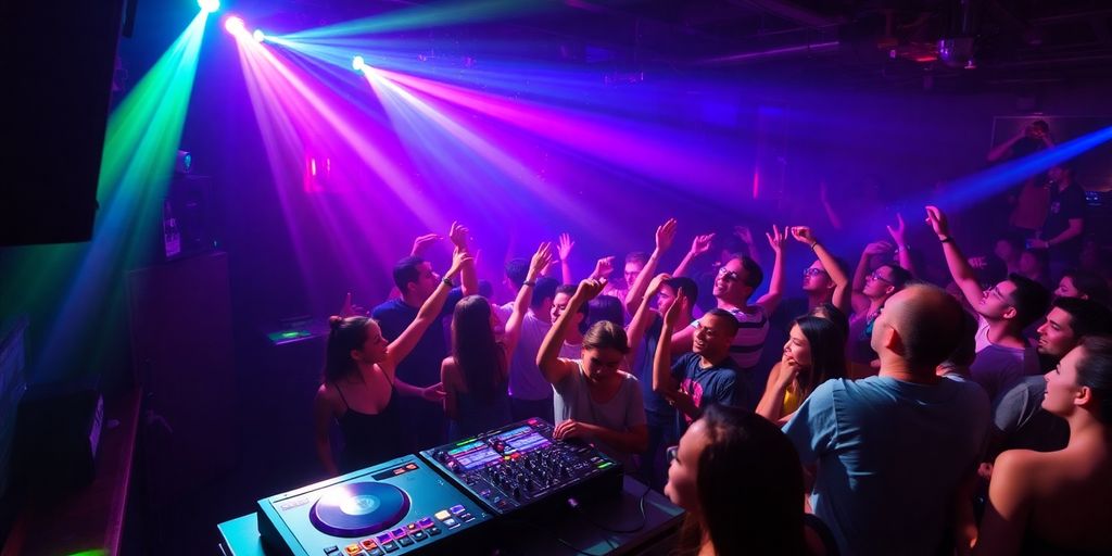 A DJ performing at a lively party with dancing crowd.