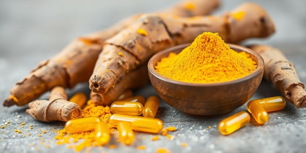Bright yellow turmeric powder, fresh root, and capsules.