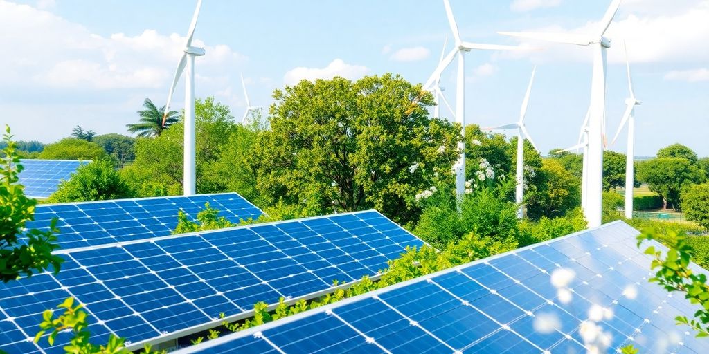 Foto van zonne-energie en windturbines in de natuur.