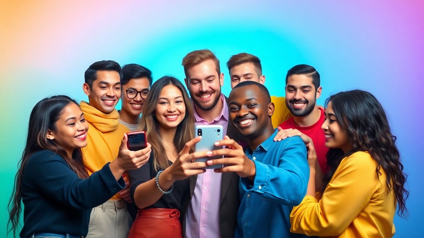 Diverse influencers interacting with a smartphone in vibrant setting.