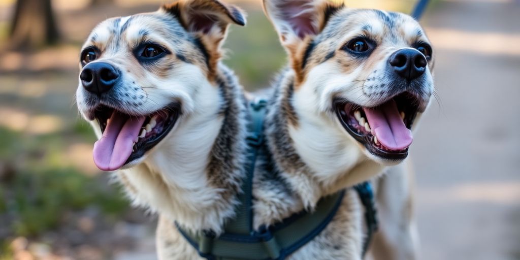 Dog wearing a comfortable, well-fitted harness outdoors.