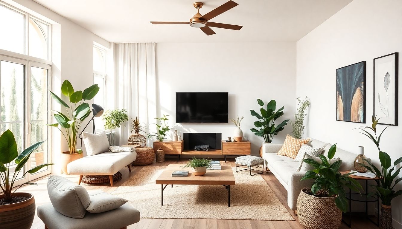 Modern living room with plants and eco-friendly materials.