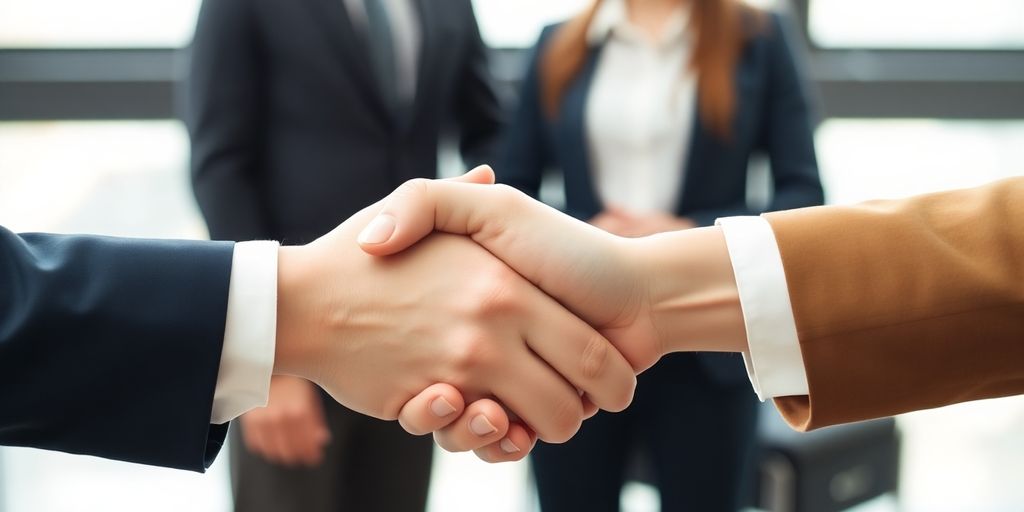 Handshake with diverse individuals in background.