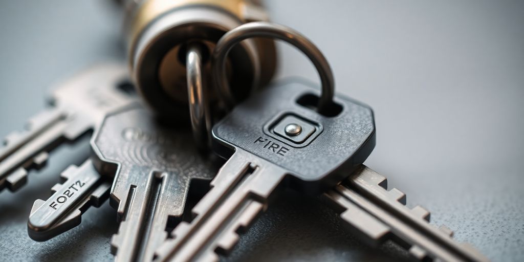 Close-up of keys beside a detailed lock mechanism.