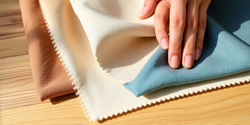 Fabric swatches on a wooden table.
