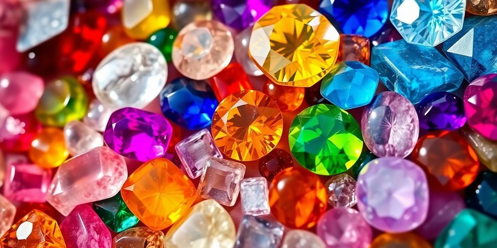 Colorful gemstones in various shapes and sizes on display.