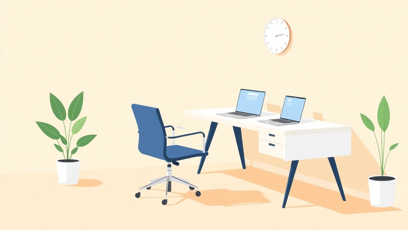 Minimalist kontor med skrivebord og laptop.