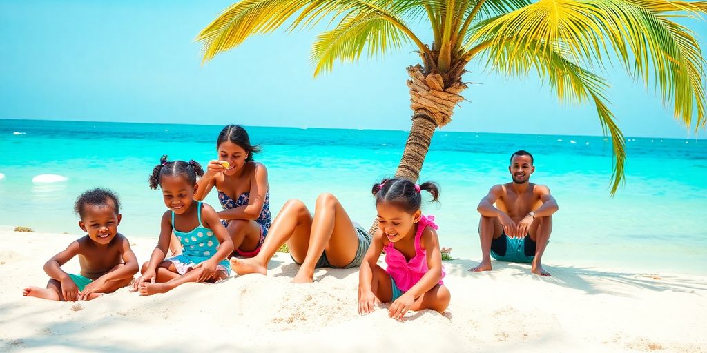 Family playing on the beach at a Dar es Salaam resort.