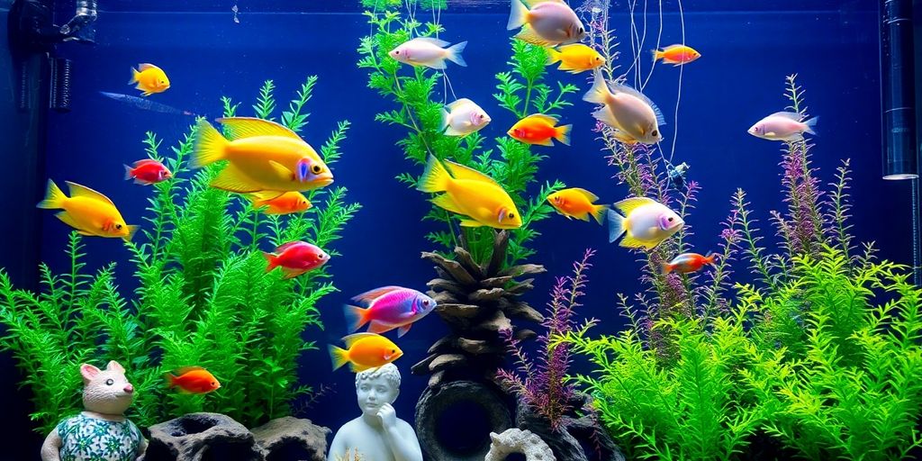 Colorful fish and plants in a beautiful aquarium.
