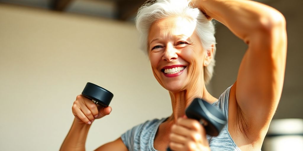 Active senior woman lifting weights with a smile.