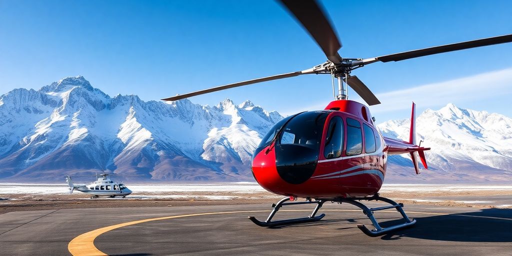 A red helicopter on a pad in Alaskan mountains.