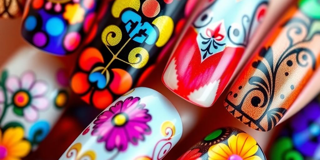 Unhas decoradas com designs criativos e coloridos.