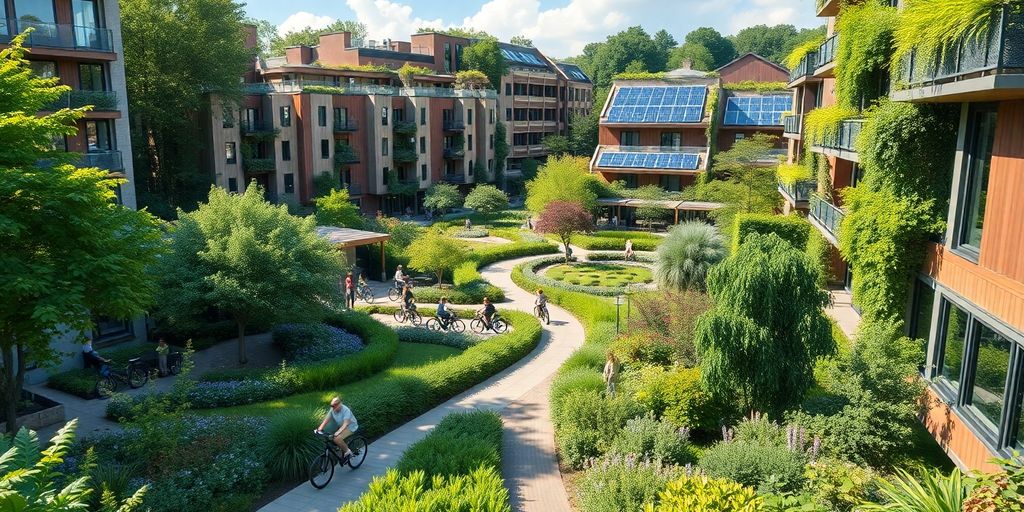 A garden city with greenery and modern sustainable buildings.