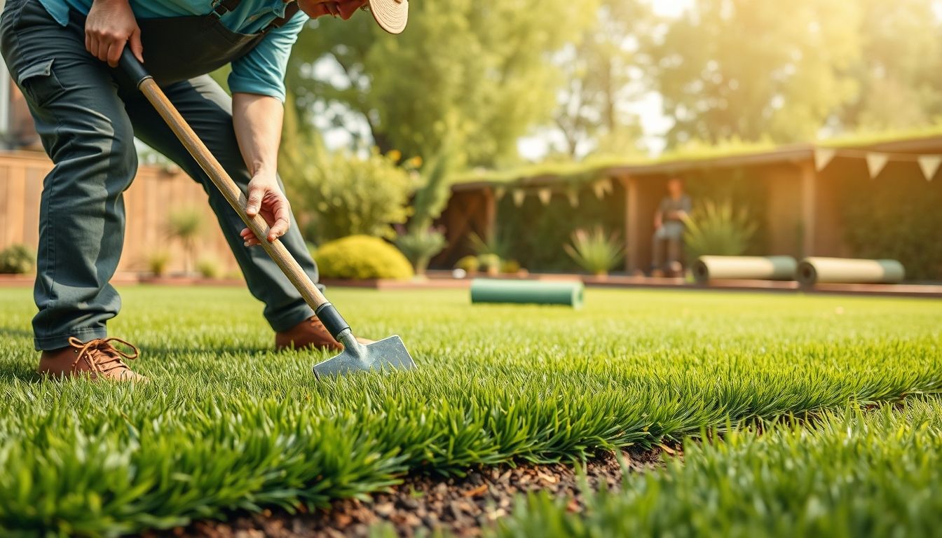 Gardener laying fresh green turf in backyard