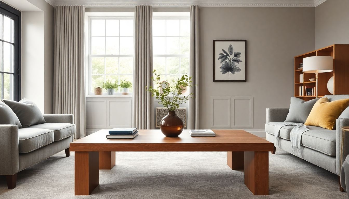 Simple wooden coffee table in a London living room.