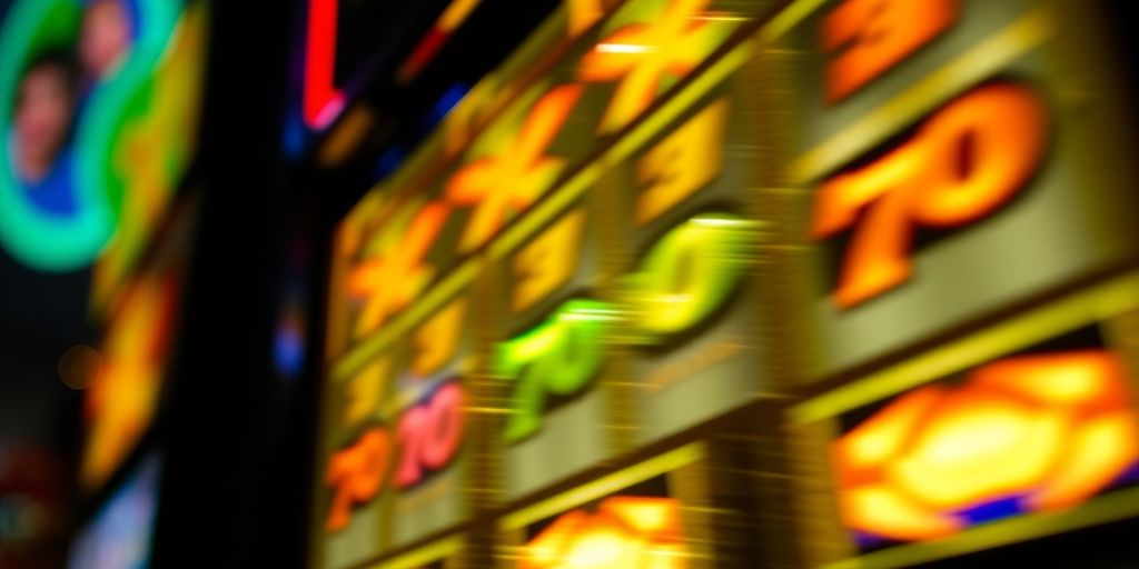 Spinning slot machine reels with glowing symbols.