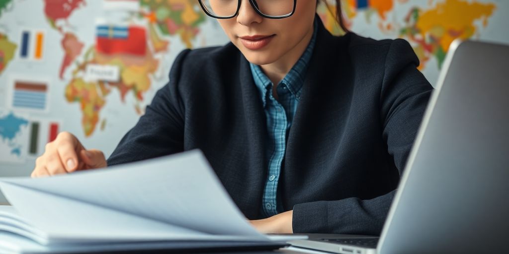 Unlocking Global Communication: The Importance of Notarized Translation Services 1 Translator working with documents and laptop in office.