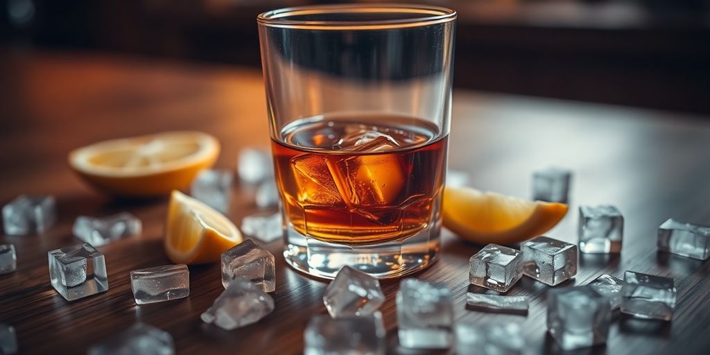 Whiskey glass on bar with ice and citrus slices.