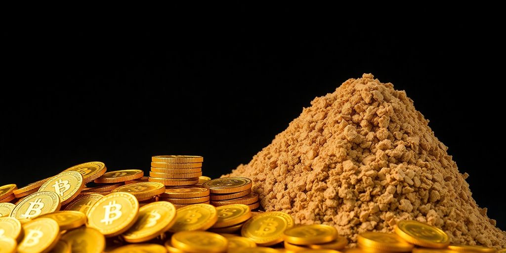 Bitcoin coins being steadily added to a growing pile.